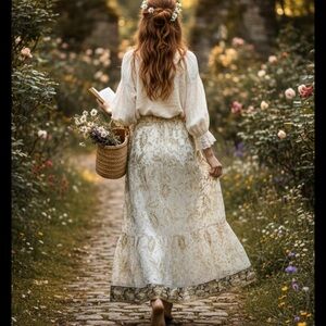 Hand Made Sequin Beaded Sparkle Maxi Skirt Sz Large Ivory Gold Regencycore fairy